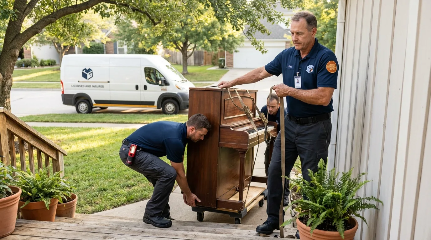 Licensed piano movers securing grand piano in Ojai, CA