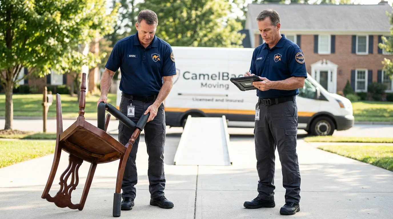 Movers inspecting furniture for damage prevention before loading in Ojai, CA