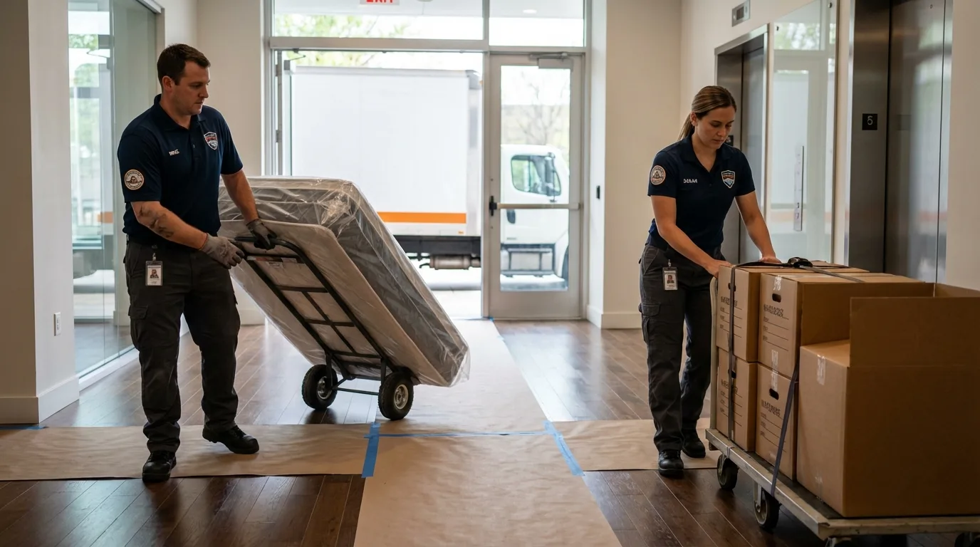 Professional apartment movers loading elevator in Ojai, CA