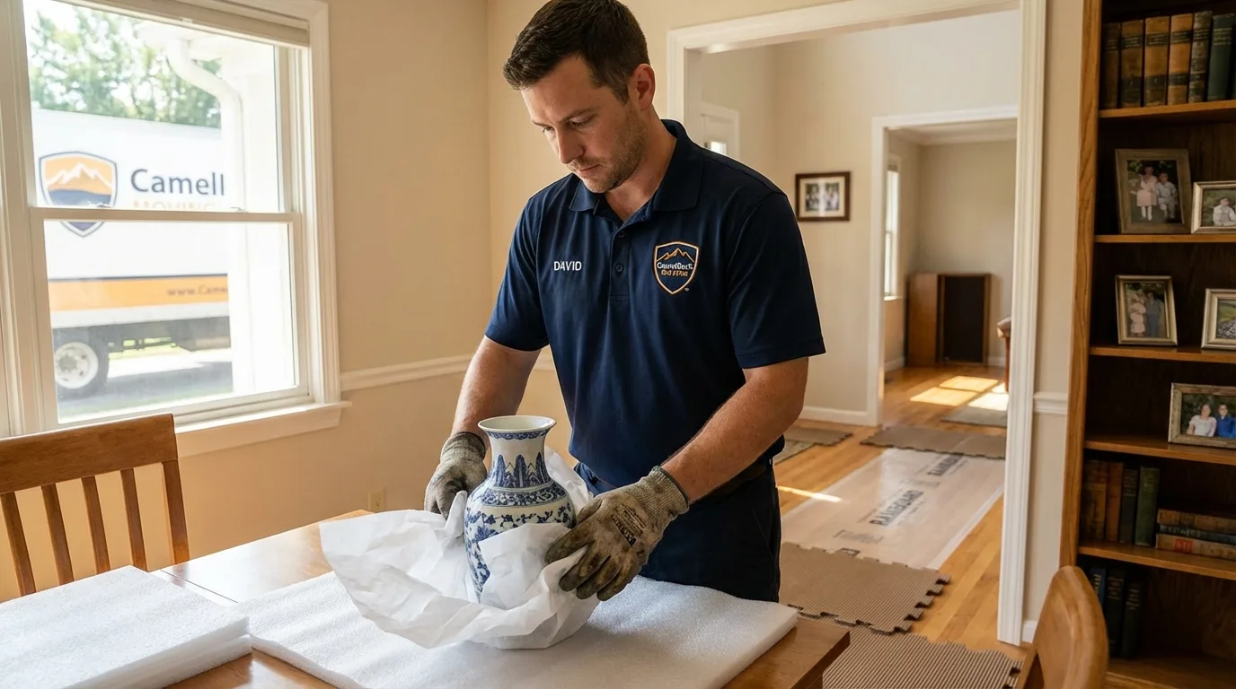 Professional crew carefully wrapping antique vase for senior downsizing move in Ojai, CA