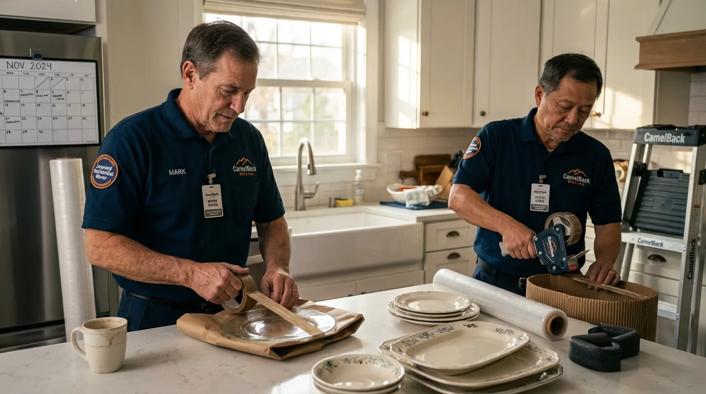 Professional crew packing kitchen dishware in Ojai, CA